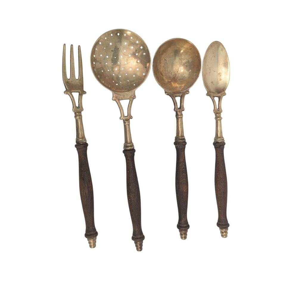 French Utensil Set Antique Brass Wood 4 piece set Slotted Spoon Country